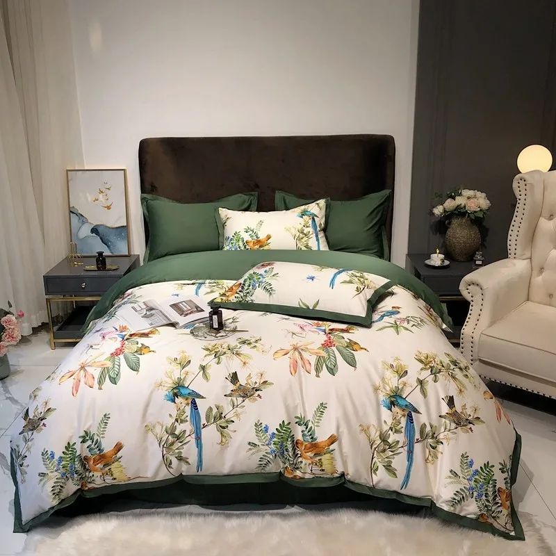 

Vintage Botanical Birds Print Bedding 600TC Cotton Sateen Floral Scarf Colorful include 1Duvet Cover 1Bed Sheet 2Pillowcases