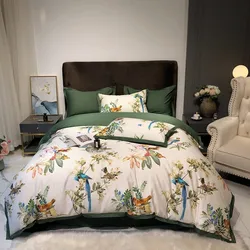 Vintage Botanical Birds Print Bedding 600TC Cotton Sateen Floral Scarf Colorful include 1Duvet Cover 1Bed Sheet 2Pillowcases
