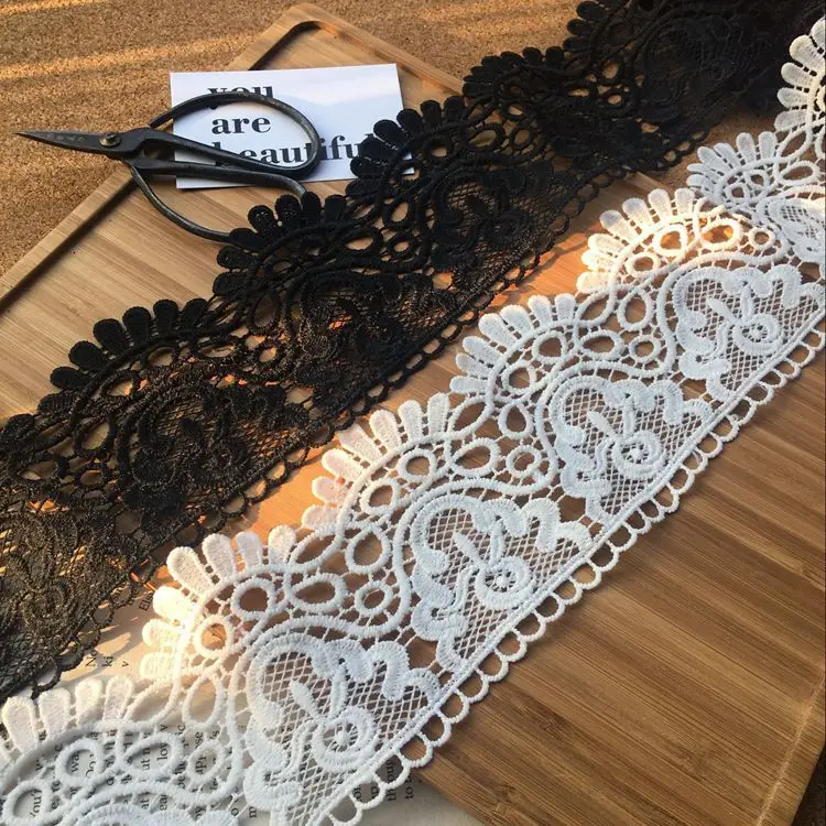 9.5CM Wide High Quality White Black 3d Flowers Cord Lace Embroidery Laces Collar Ribbon Trimmings For Clothing Dress Guipure DIY