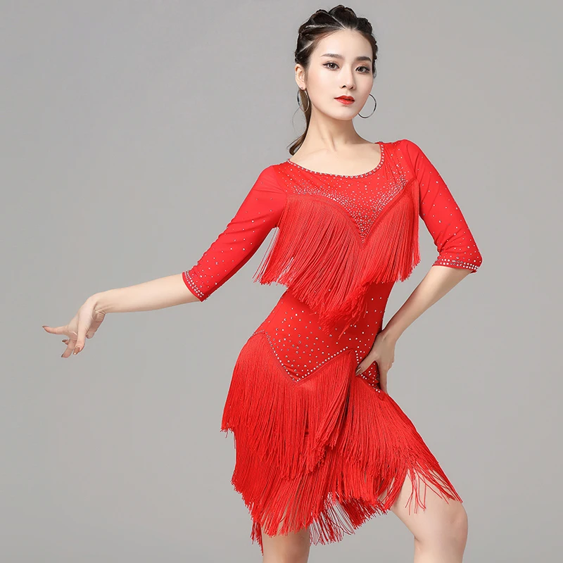 Sheer Mesh Women Dance Clothes Competition Ballroom Dress Samba Costume Party Dresses Stretchy One-piece Fringes Latin Dress