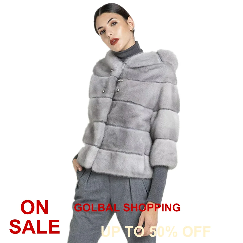 TOPFUR Imported Sapphire Blue Mink Fur Coat With Hood Light Grey Coat Winter Real Fur Coat Women Natural Mink Fur Jacket