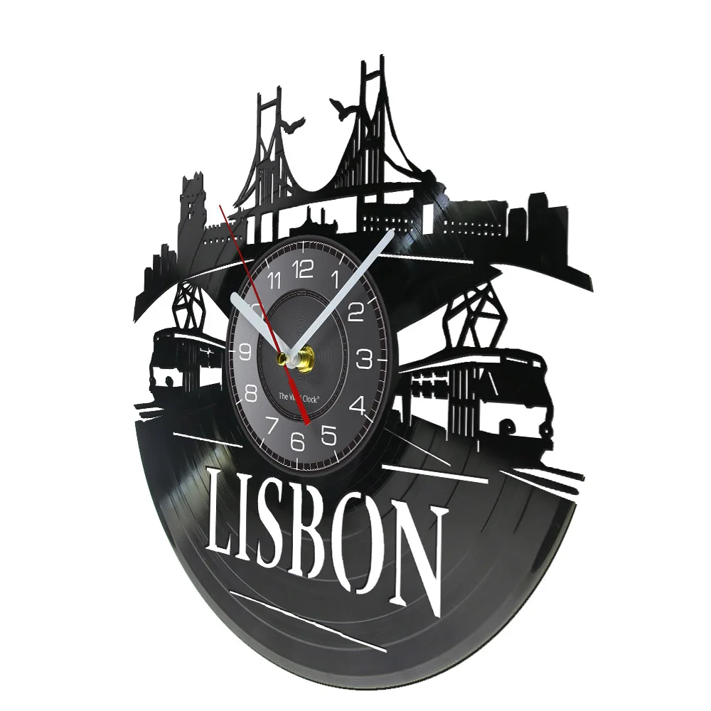 Portugal Lisbon Cityscape Vinyl Record Wall Clock Portuguese LED Home Decor Capital City Europe Skyline Modern Art Timepieces