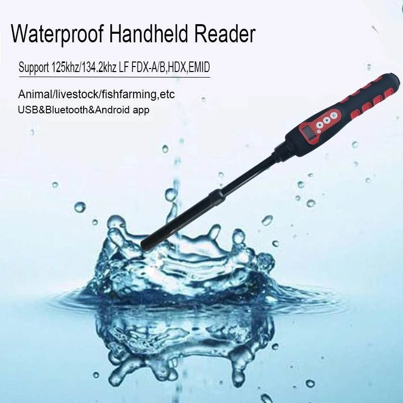 IP67 Bluetooth-compatible 134.2kHz ISO11784/5,ISO14223,FDX-A,FDX-B,HDX,EM4102 Animal long Stick Waterproof Reader for sheep race