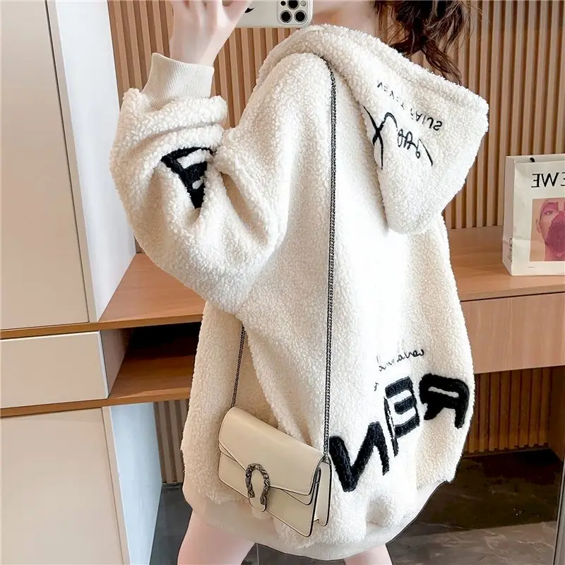 Autumn Winter Plus Velvet Padded Jacket Hooded Coat Women 2024 Loose Versatile Cardigan Zipper Hoodies Imitation Lamb Cashmere