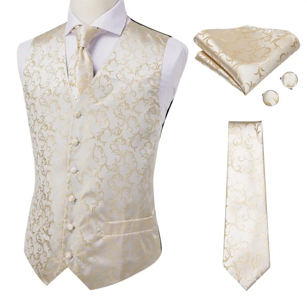 Hi-Tie 100% Silk Ivory Beige Champagne Gold Mens Vests Tie Hankerchief Cufflinks Set Jacquard Vine Waistcoat for Men Suit Dress