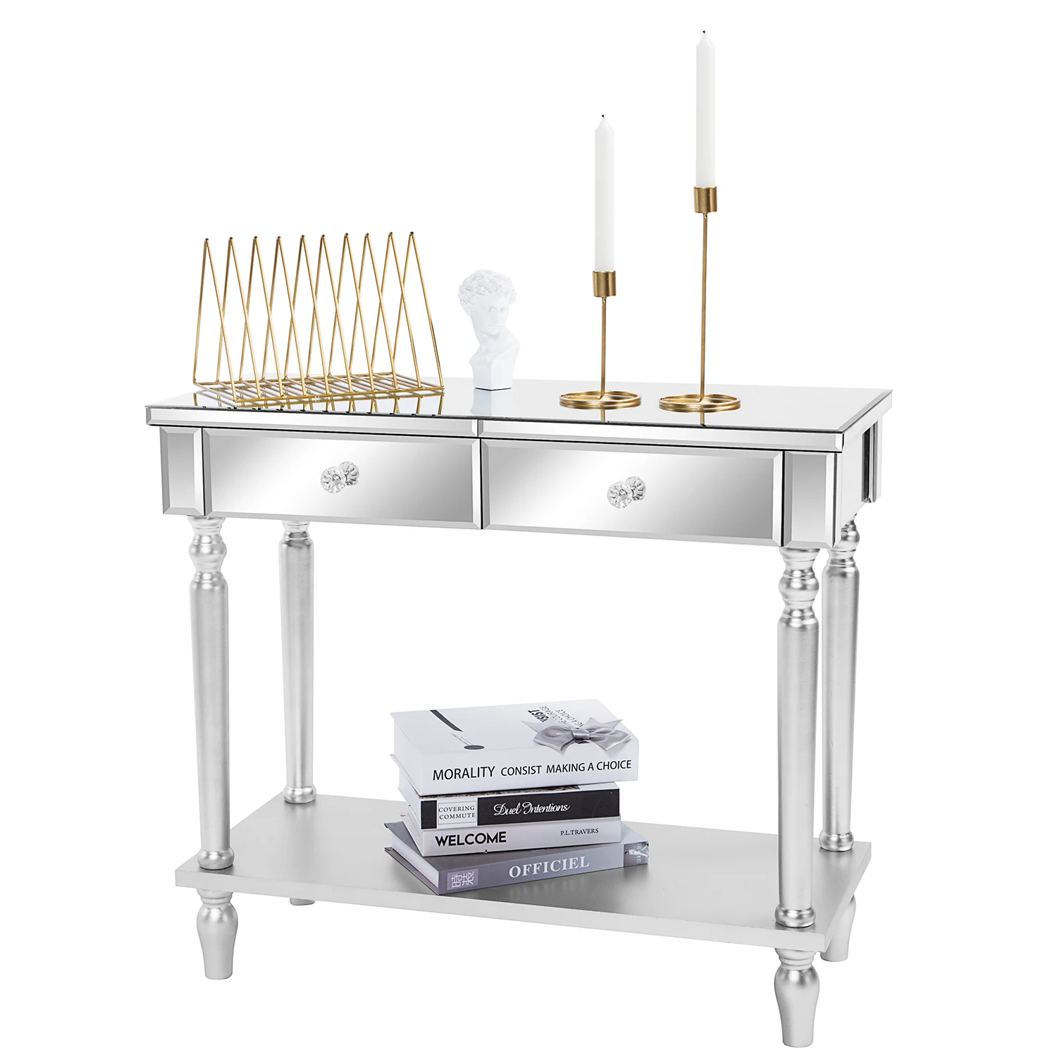 Mirror Surface Dressing Table 2 Drawers Dresser with Shelf Console Table Multi-Purpose Office Computer Desk 81x35x70CM Silver