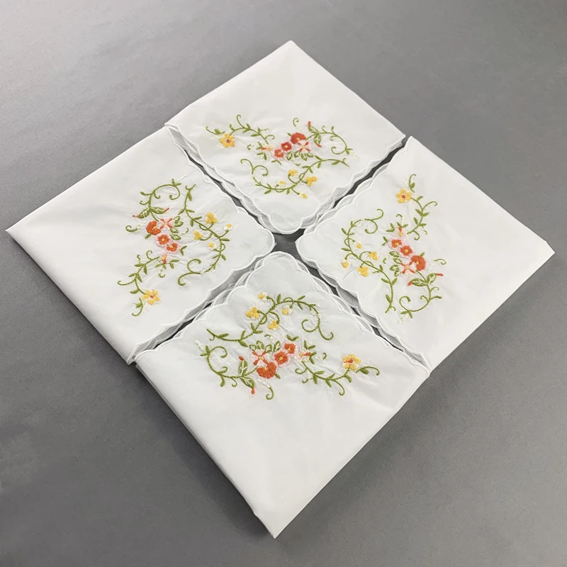 ladies handkerchief White Cotton Hankies with Scallop Edges & Color embroidery Floral Hanky 12x12-inch