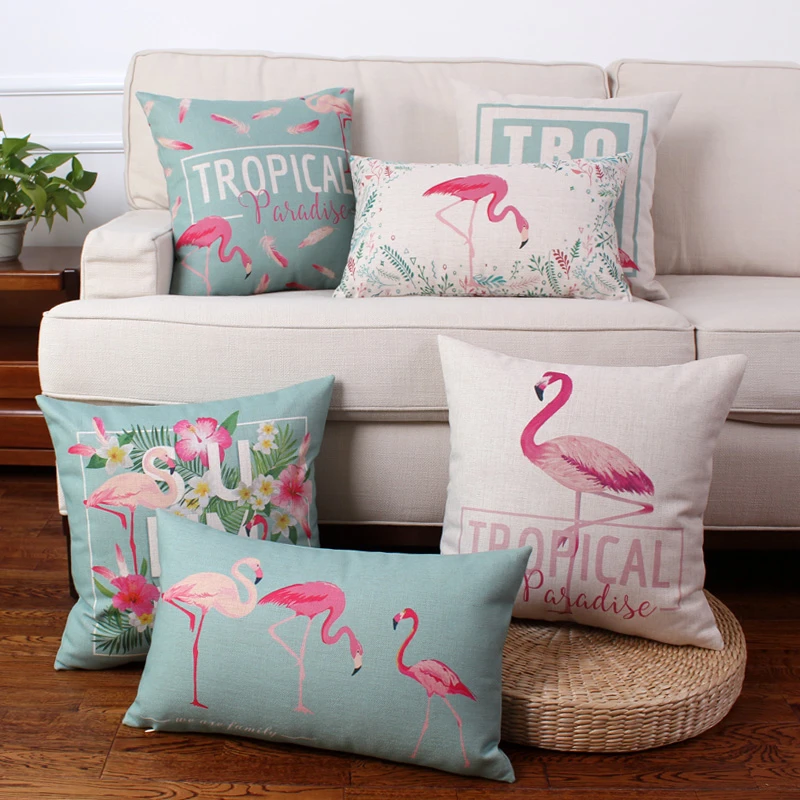 

Nordic Cotton Linen Cushion Pastoral Style Flamingo Pillows Car Sofa Lumbar Throw Pillow Fresh Home Decoration Accessories