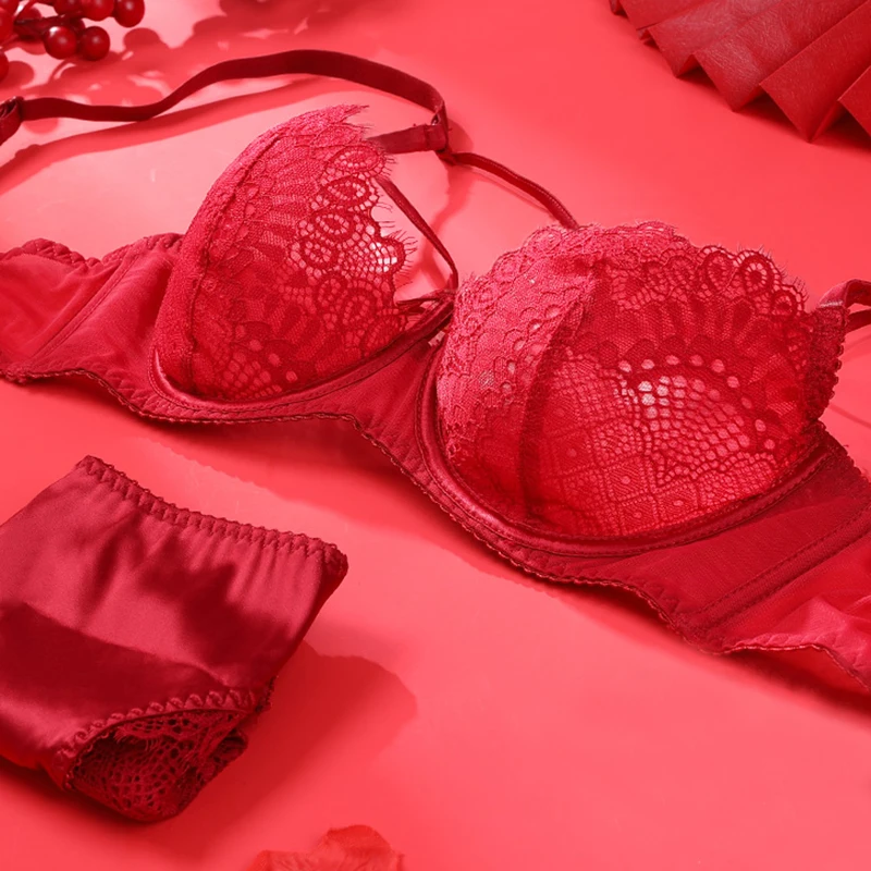 

Red Floral Lace Lingerie Set Plus Size Push Up Sexy Bras And Panty Sets For Women Transparent Brassiere Sexy Underwear Set C Cup