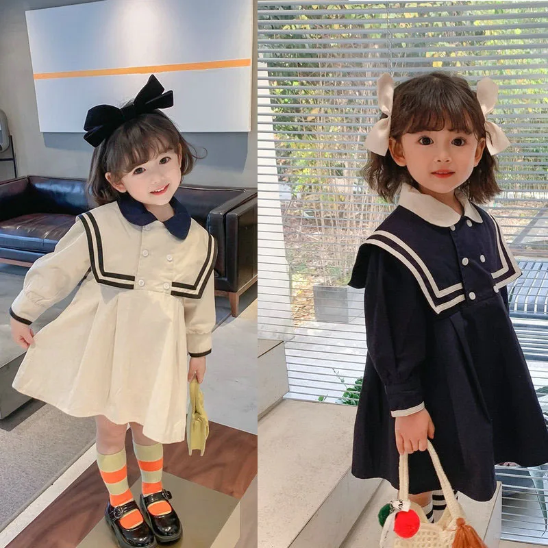 Spring Summer Girls' Dress British Style Navy Collar Little Cute Long-Sleeved Student School Dress Baby Kids Children'S Clothing