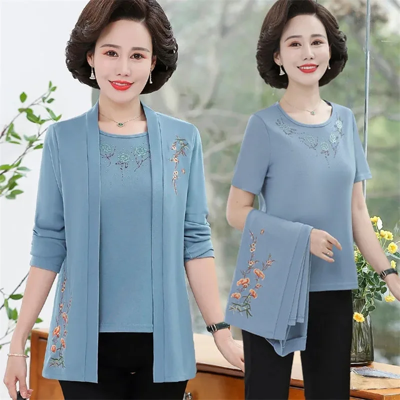 2PCS/Set Middle-aged Elderly Womens Coats Jacket Fashion  Tops T-shirt & Embroidered Coat 2 Piece Set Spring Women Knit Cardigan