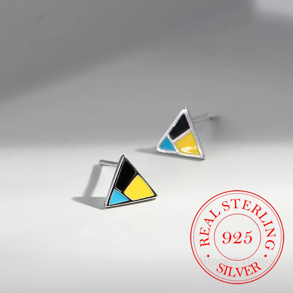 

925 Sterling Silver Enamel Colorful Triangle Stud Earrings For Women Wedding Gift Female pendientes mujer moda eh1231