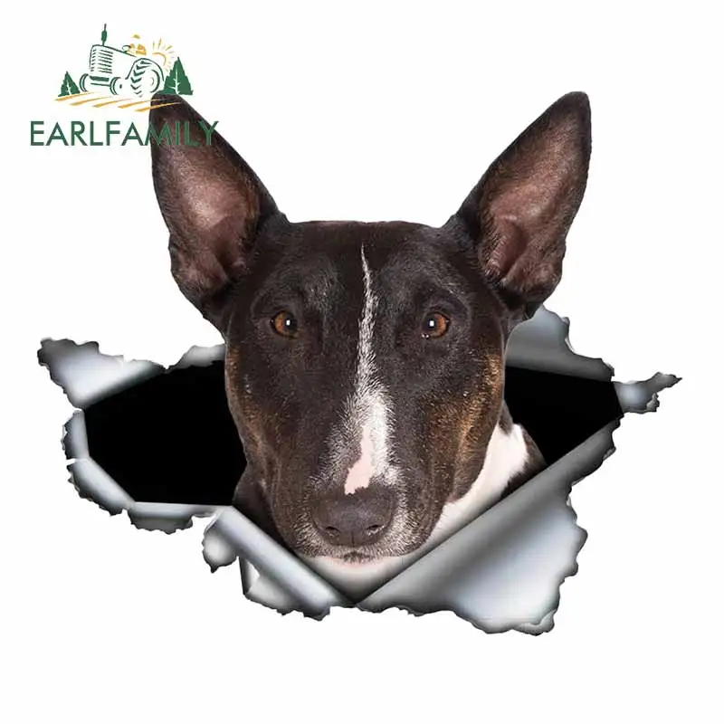 EARLFAMILY Miniature Bull Terrier Car Sticker 3D Torn Metal Original Design Vinyl Bumper Trunk Custom Decal Pet Dog Graphic