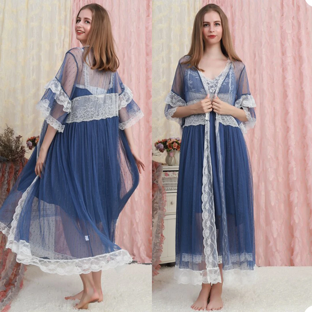 Women Ladies Sexy Night Dress Two Pieces Long Sleeve Nightgown Nightdress Lace Chiffon Nightwear For Bridal Boudoir Dress