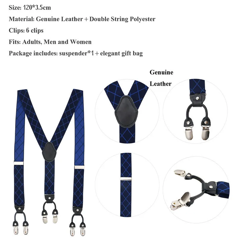 3.5*120cm Fashion Suspenders Synthetic Leather 6 Clips Brace Male Vintage Casual Wedding Party Trousers Strap