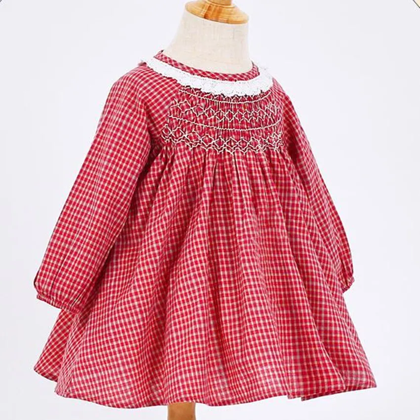 Baby girl vintage Spanish England handmade plaid smocking princess dress kids puff sleeve birthdya party dress