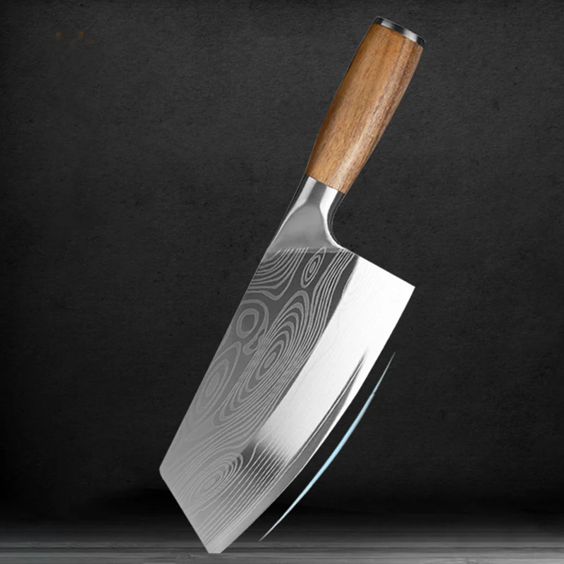 

7.5 Inch Kitchen Knife Damascus Laser Pattern Chinese Chef Knife Stainless Steel Butcher Knife Wooden Handle Meat Cleaver