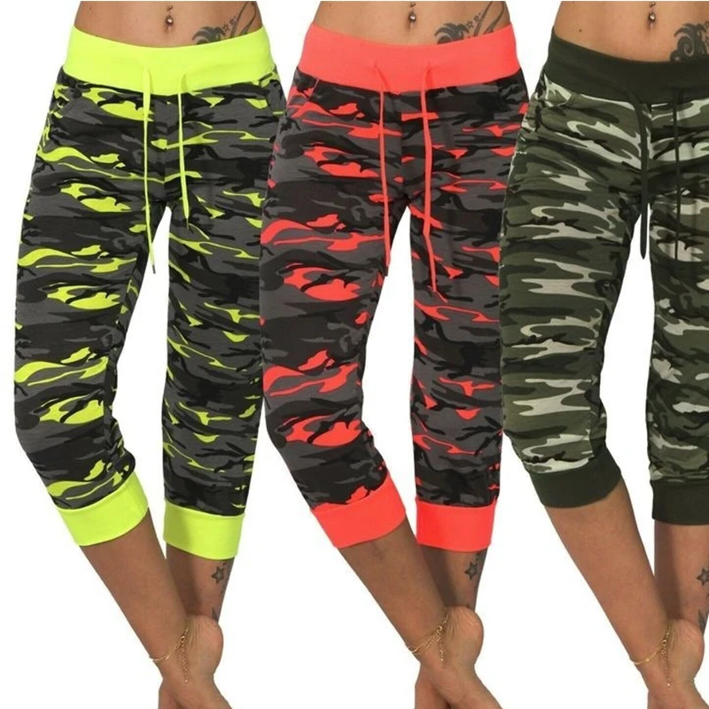 

Women's High Waist Camouflage Printed Capri Leggings Ladies Elastic Stretch Drawstring Fitness Slim Yoga Sports Cropped Pants