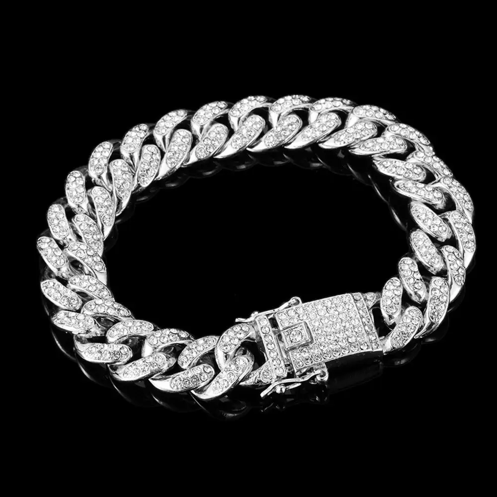 HipHop Men Women 13MM Prong Cuban Link Chain Bracelet Bling Iced Out 2 Row Rhinestone Paved Miami Rhombus Cuban Chain Jewelry