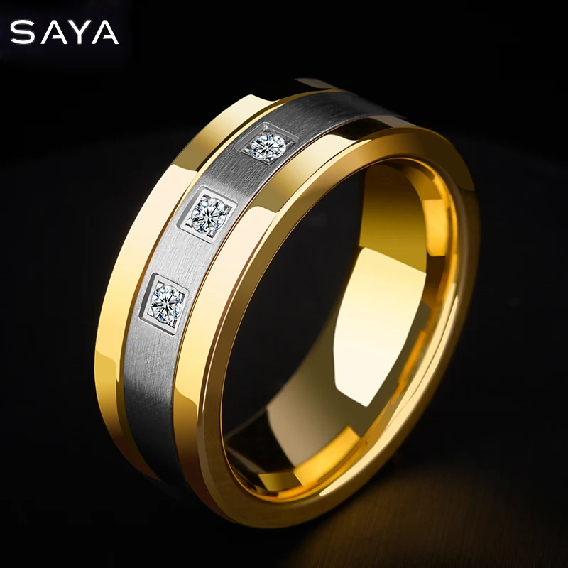 8mm Tungsten Rings for Men Gold Plating Wedding Bands 3 CZ Stone Marriage, Customized - Image 2