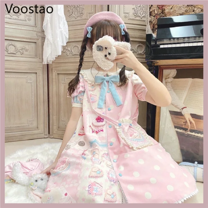 Japanese Sweet Kawaii Lolita Dress Frost Sugar Sweetheart Pink OP Dress Women Vintage Victorian Gothic Princess Tea Party Dress