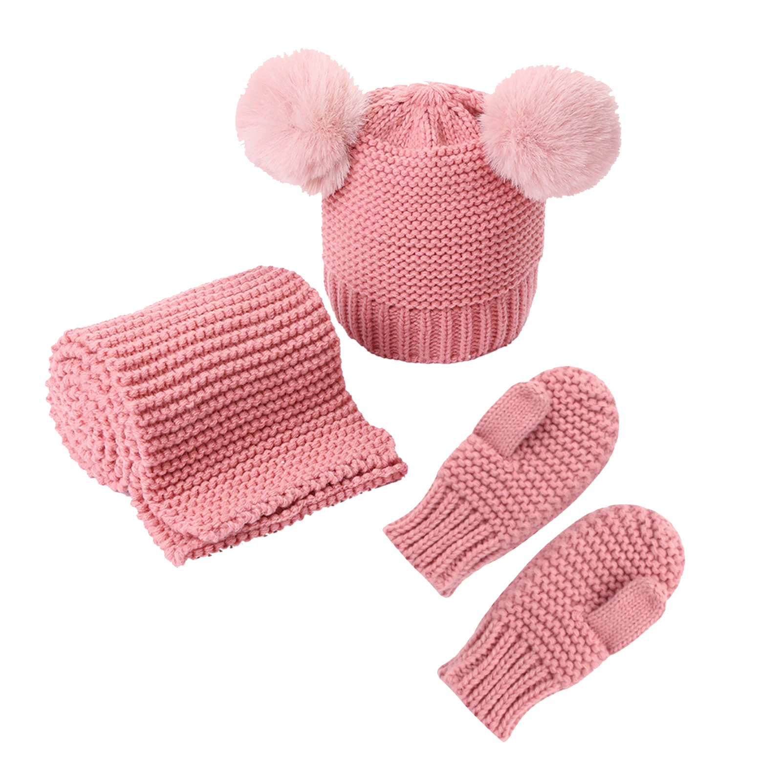 Children 3pcs Costume Set Autumn Winter Warm Solid Color Cap + Long Scarf + Gloves, Pink/ Grey/ Beige/ White/ Black