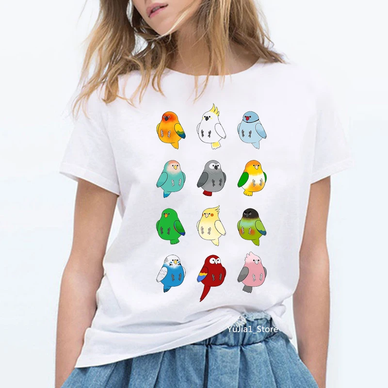 Lovely rainbow birds Cockatiel Parrot graphic t shirt women summer white short sleeve t-shirt cute top female t-shirt clothes