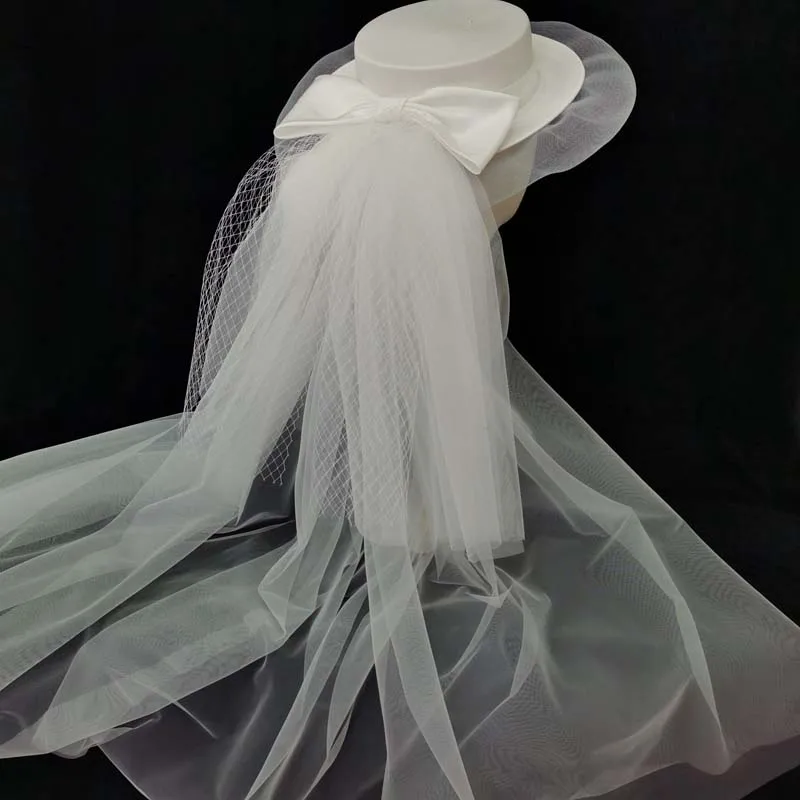 White Double-layer Satin Women\'s Top Hat With Bow Bride Sun Hat with Veils Velo de Novia Wedding Party accessoire cheveux