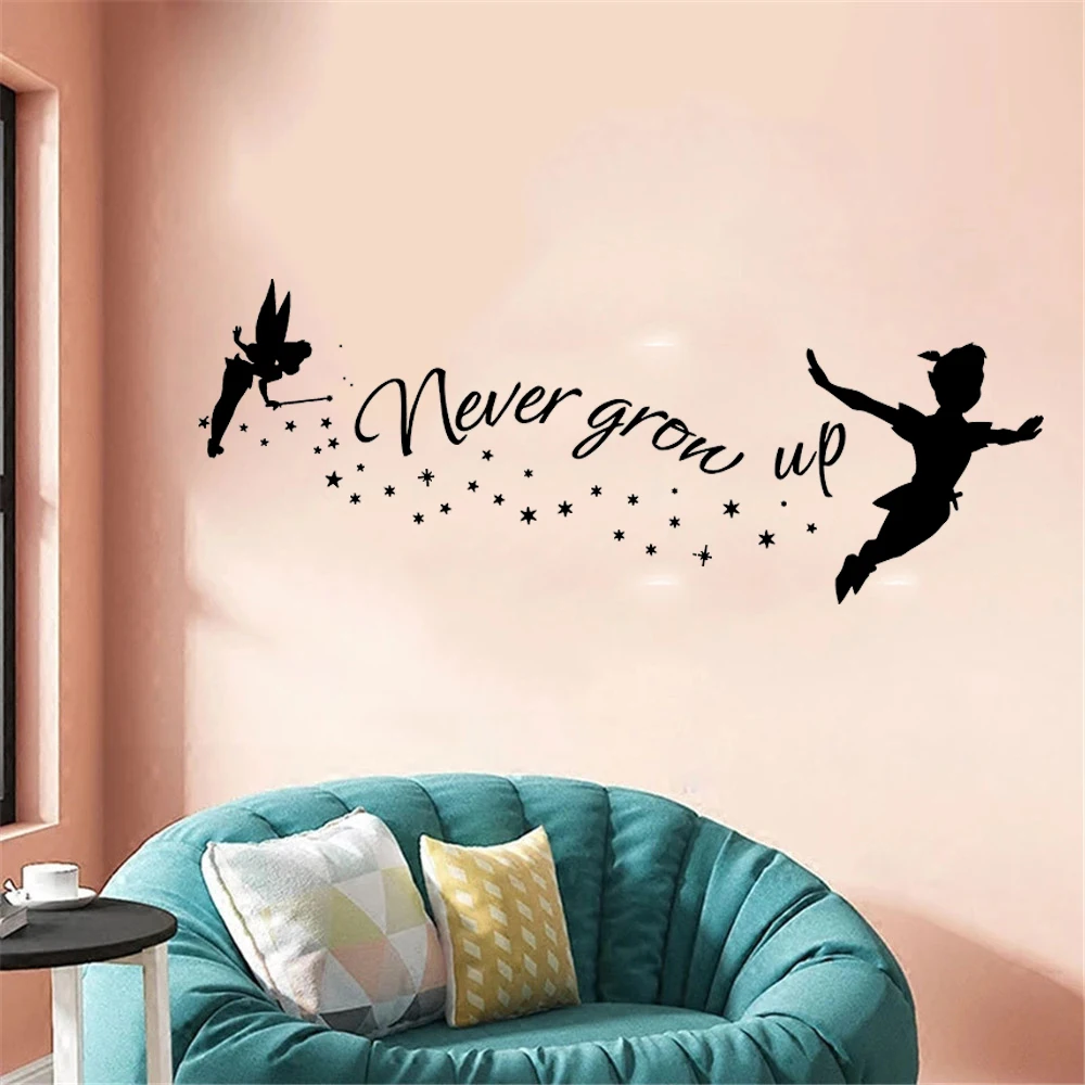 Never Grow Up Wall Decal Peter Pan Quote Vinyl Sticker Neverland Wall Murals Nursery Kids Room Decoration