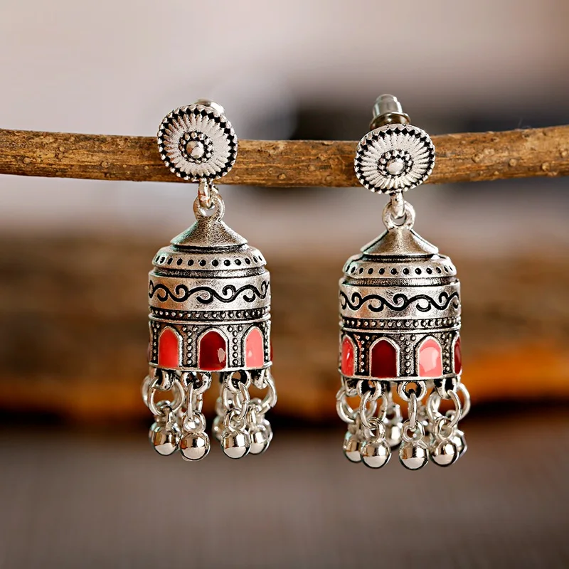 Retro Bollywood Oxidized Womens Jewellery Ethnic Silver Plated Afghan Bell Tassel Drop Jhumka Indian Earrings Wedding Jewelry