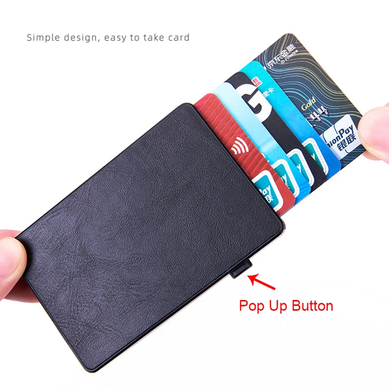 Porta carte Pop-up automatico in plastica in pelle Pu per donna porta carte di credito banca uomo portafoglio RFID portafoglio sottile in metallo sottile