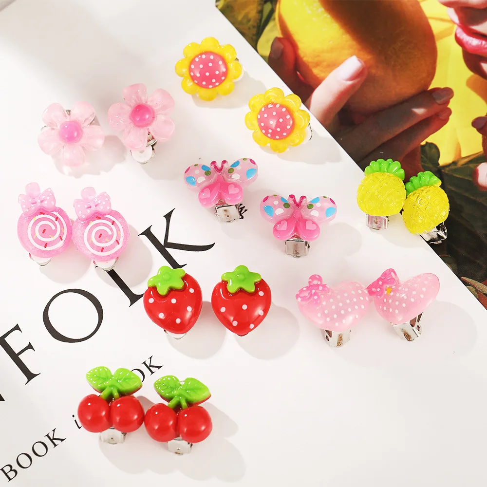 Cartoon animal / fruit / Butterfly Ear Clips Children Clip Earrings Girl Resin no Piercing earring for children kids серьги