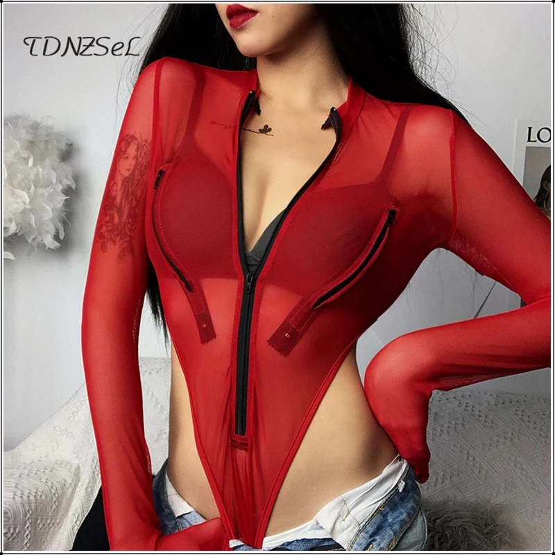 Women Long Sleeve Sheer Mesh Bodysuit Sexy Streetwear Transparent See Through Playsuit Club Romper 2020 Exotic Party Jumpsuits