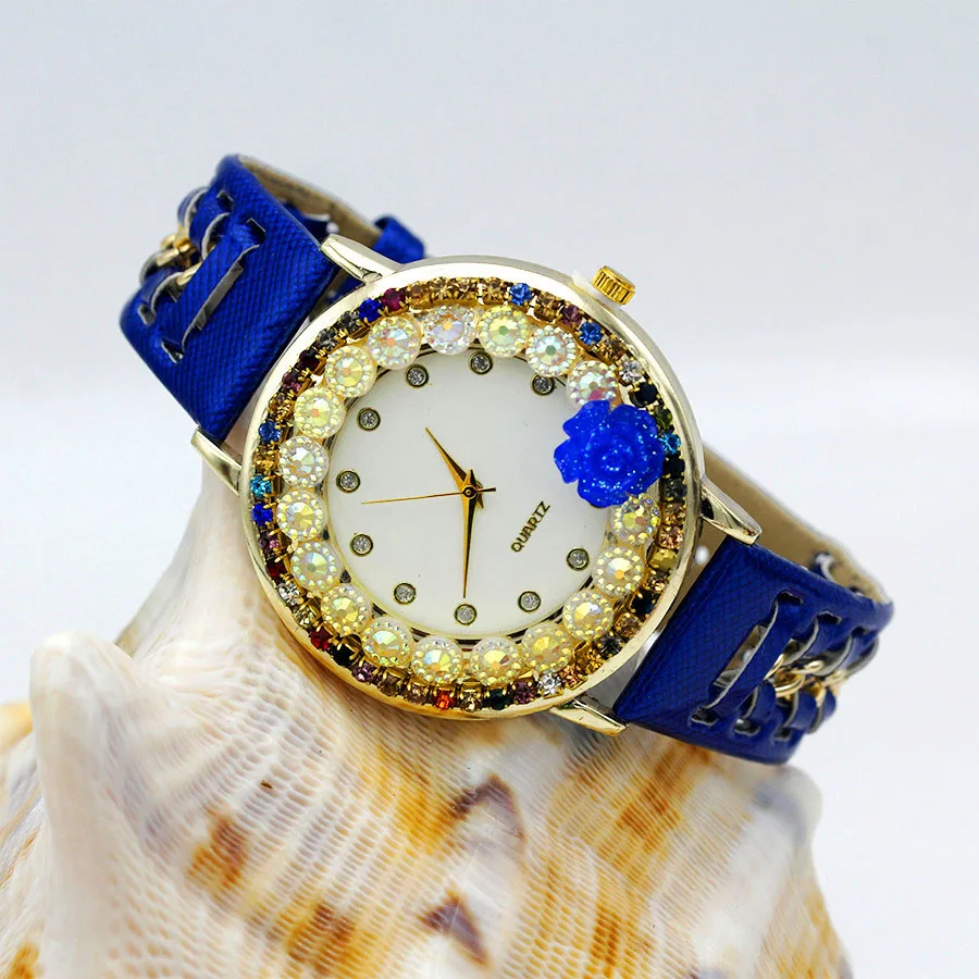 New Ladies Flower Hand-knitted Wristwatch Rose Women Dress Watch Color Sparkling Rhinestone Leather Strap Clock Sweet Girl Watch