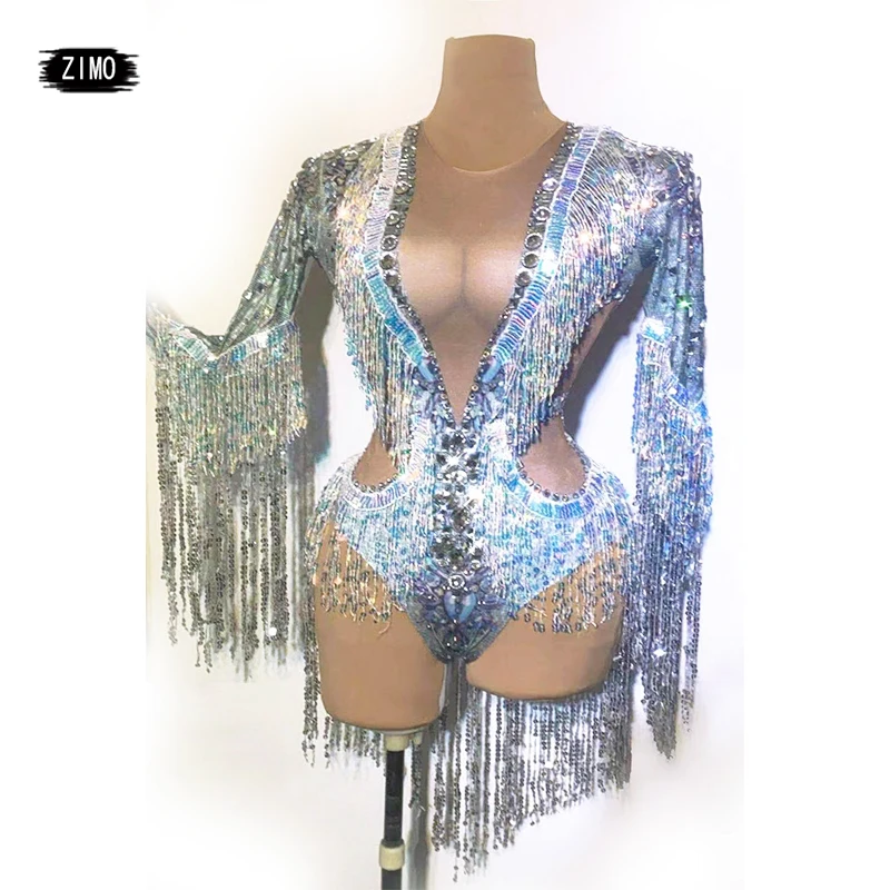 Błyszczący Srebrny Kombinezon na Imprezę z Cyrkoniami, Cekinami i Frędzlami, Kostium Taneczny Damski, Kombinezon z Frędzlami Sceniczne, Trykot Klubowy dla Tancerki, DS Piosenkarka