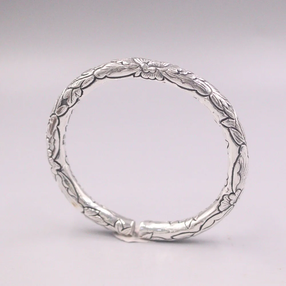 Fine Pure S999 Sterling Silver Bangle Women 7mm Flower Figure Link Bracelet 55-58mm 59-61g