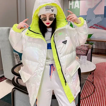 2021ฤดูใบไม้ร่วงฤดูหนาวผู้หญิงใหม่สีขาว Hit สี Glossy Parka เสื้อใหม่สไตล์เกาหลีตัวอักษรหลวมพิมพ์เสื้อแจ็คเก็ตแนวโน้ม Hooded Bread บริการ