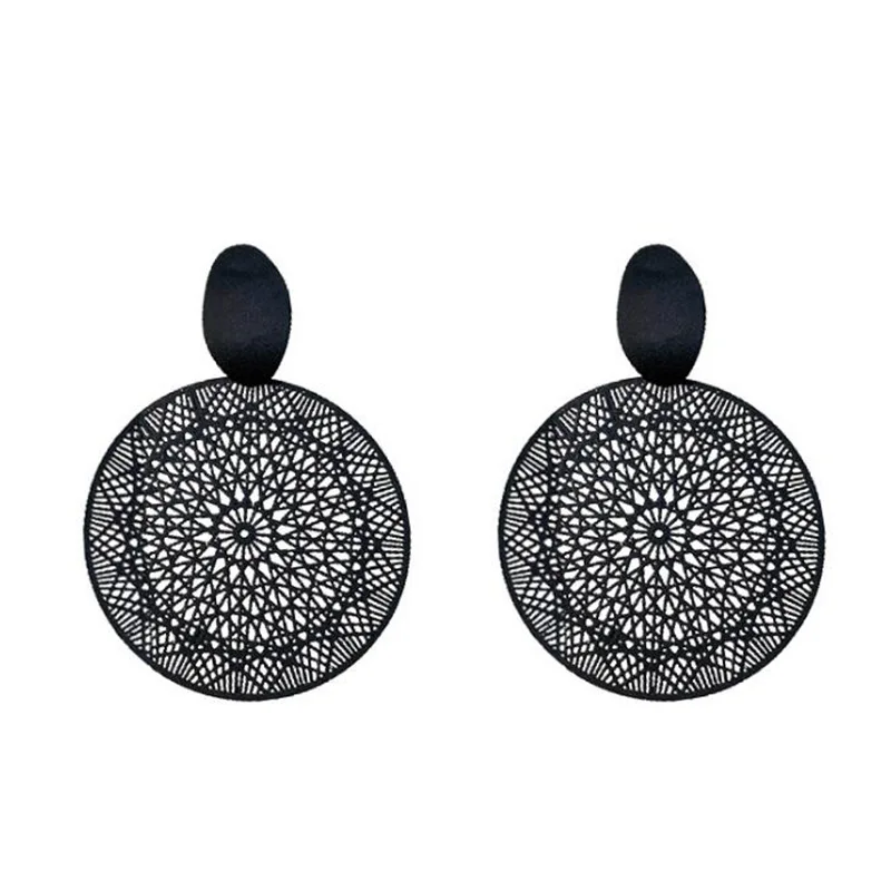 Charm Earrings Fashion New Temperament Hollow Pattern Retro Black Palace Exaggerated Black Circle Ladies Earrings Wholesale