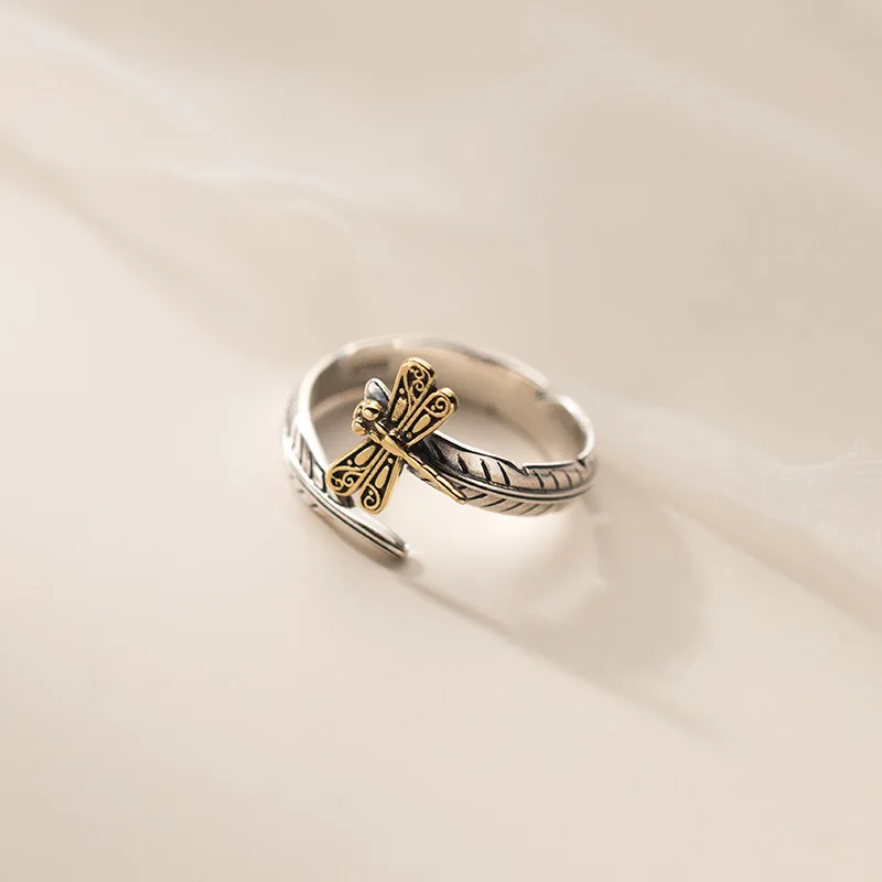 925 Thai Silver Feather Dragonfly Women's Ring 2021 Trend Jewelry Female Punk Adjustable Fashion Gift Accessories Cool Stuff