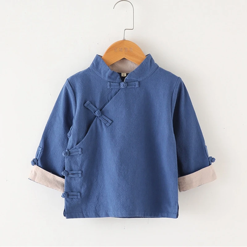 

Blue Kids shirt tops Chinese wind children clothing boy cotton linen shirt girls clothing baby Tang suit toddler girl clothes