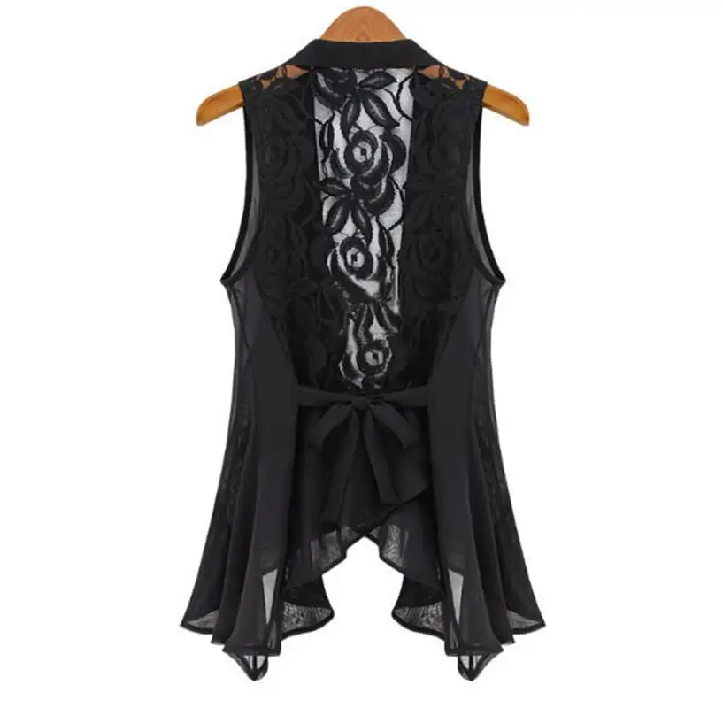 

Chiffon Vest In The Long Section Chiffon Lace Vest Jacket Stand Collar Asymmetric Hem Chiffon Vest Tops S -Xxxxxl