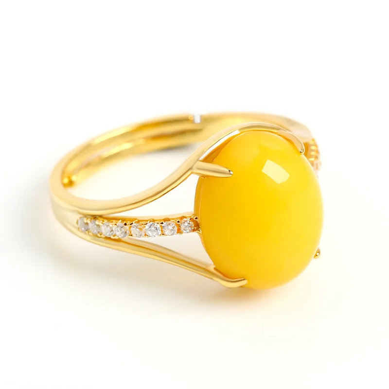 Luxury 925 Sterling Silver Ring Inlaid With Amber Beeswax Ring For Woman Jewelry Gift