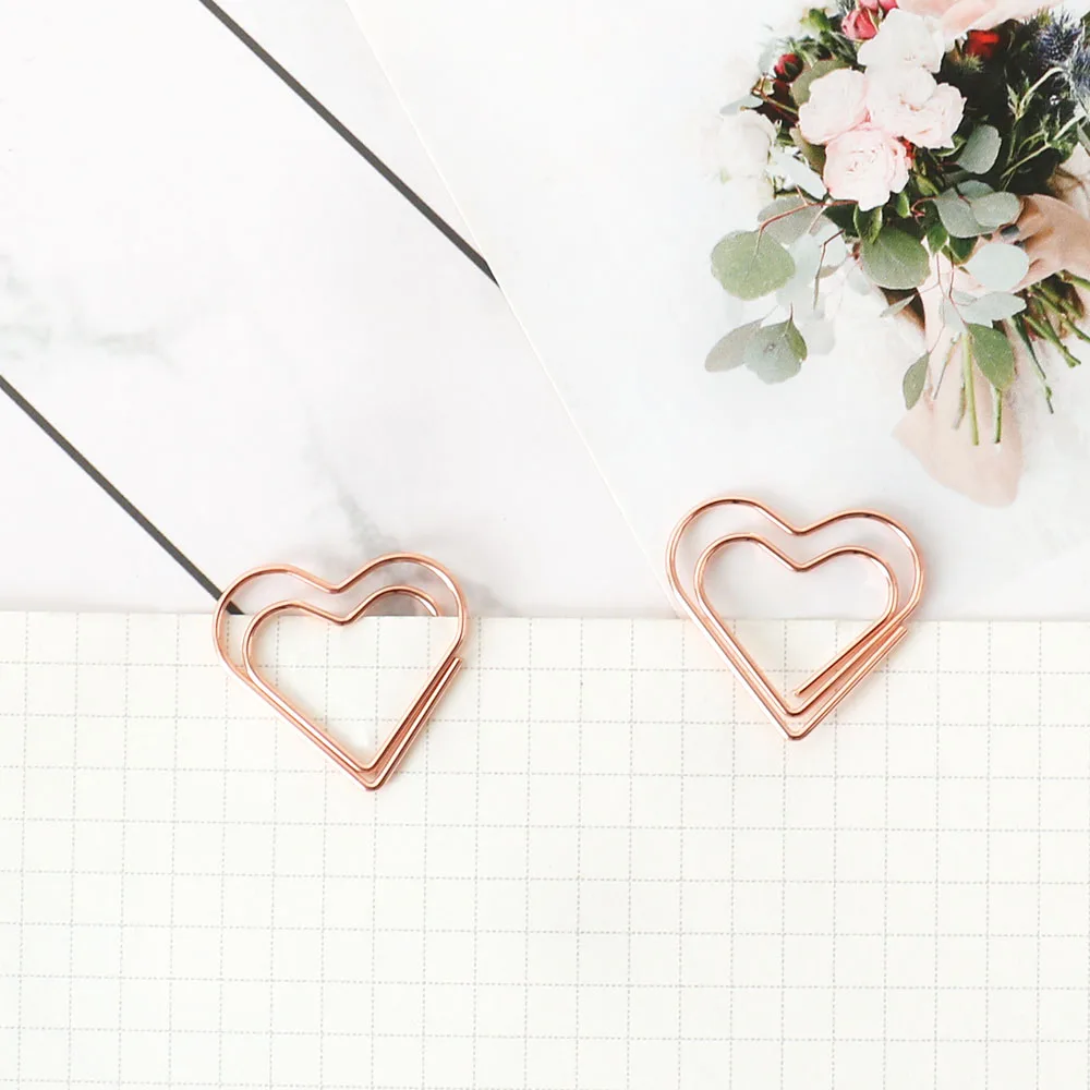 100pcs Heart Paper Clips Gold Love Heart Shaped Small Paper Clips Rose Gold Cute Metal Journaling Paper Clamps Paperclips