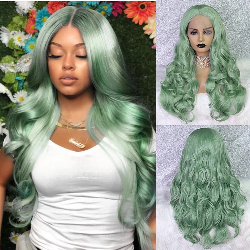 Loose Wave Ovile Green Synthetic Lace Front Wig Heat Resistant 26 Inch Long Loose Wave Cosplay Wigs For Black Womem OLEY