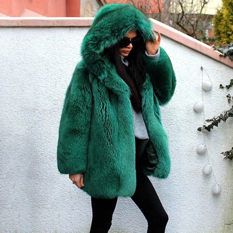 Luxury Green Natural Real Fox Fur Coat With Big Hood Thick Warm Winter Genuine Blue Fox Fur Jacket For Women Fur Coats Trendy