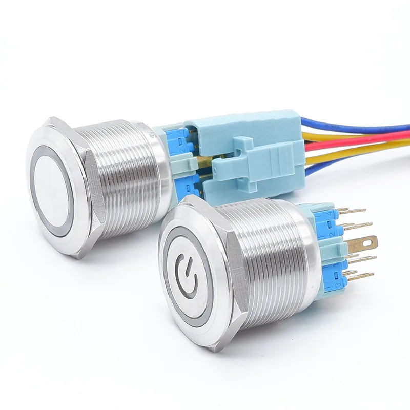 Przycisk chwilowy/zatrzaskowy 25mm 6V 12V 24V 220V z niebieskim pierścieniem LED, DPST, metalowy, przemysłowy, do łodzi, samochodu, DIY, z pierścieniem podświetlającym port zasilania.