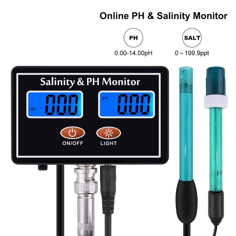 Digital Online PH Salinity Monitor pH Salt Water Quality Tester LCD pH Salinity Realtime Monitor for Seawater Fish Tank Aquarium