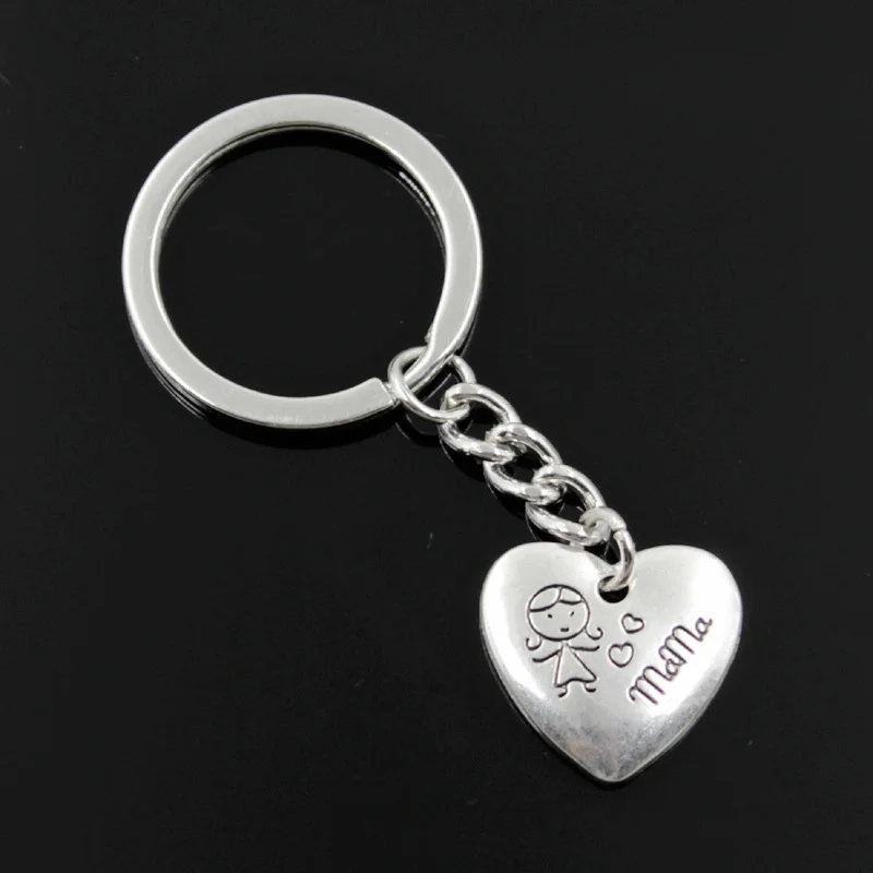 New Fashion Men 30mm Keychain DIY Metal Holder Chain Vintage Heart Mom Children 21x20mm Silver Color Pendant Gift