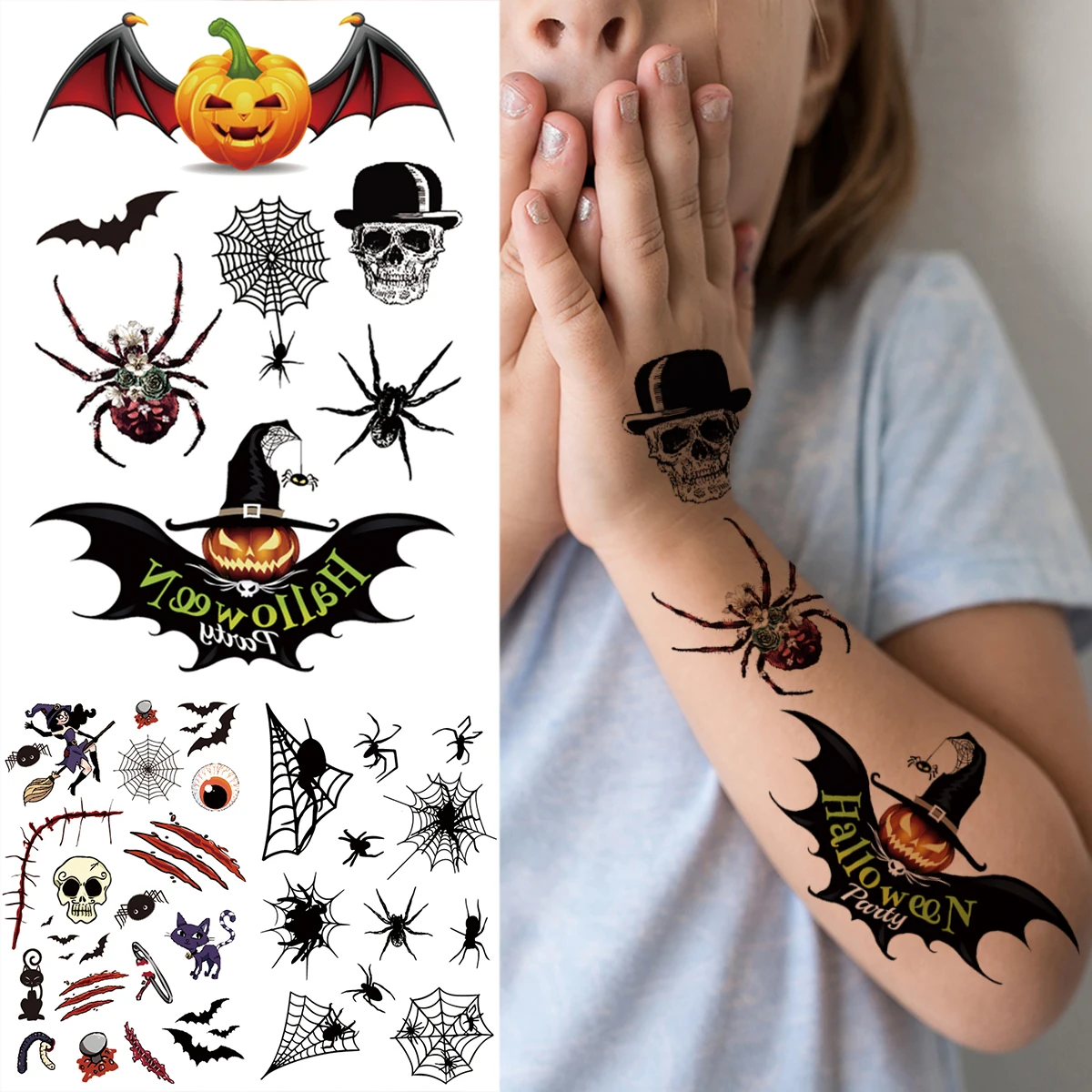 Black Halloween Spider Temporary Tattoos For Kids Children Realistic Fake Bat Scarecrow Skull Tatoos DIY Small Tattoo Stickers