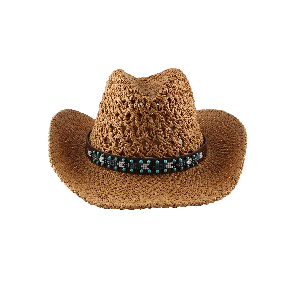 

Fashion Hollow Western Cowboy Hat Crimping Sun Visor Cap Women Hand Made Straw Outdoor Wide Brim Summer Beach Travel Hats